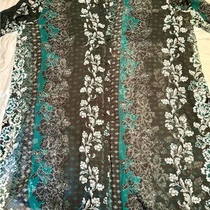 Jessica London Floral Tunic Blouse 26W Sheer Button Down Long Sleeve Black Teal